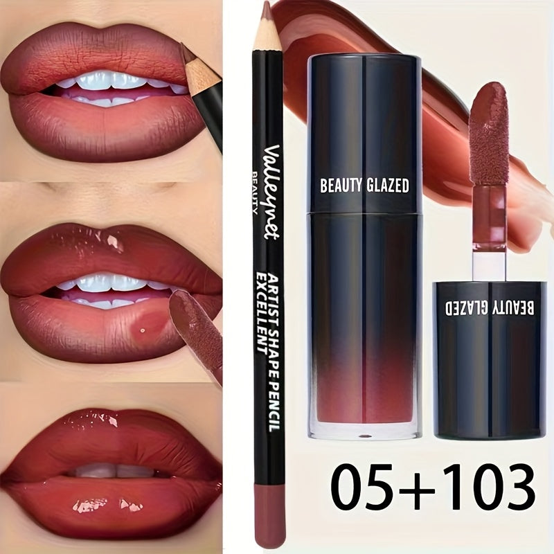 2pack/Set Lip Gloss & Lip Liner Set,Nourishing Lip Gloss Hydration Non-Sticky Lip Kit for Women, Natural Nude Tinted Lip Glow Oil Moisturizing Lightweight Long Wear Shiny Liquid Lipstick with Lip Liner Combo