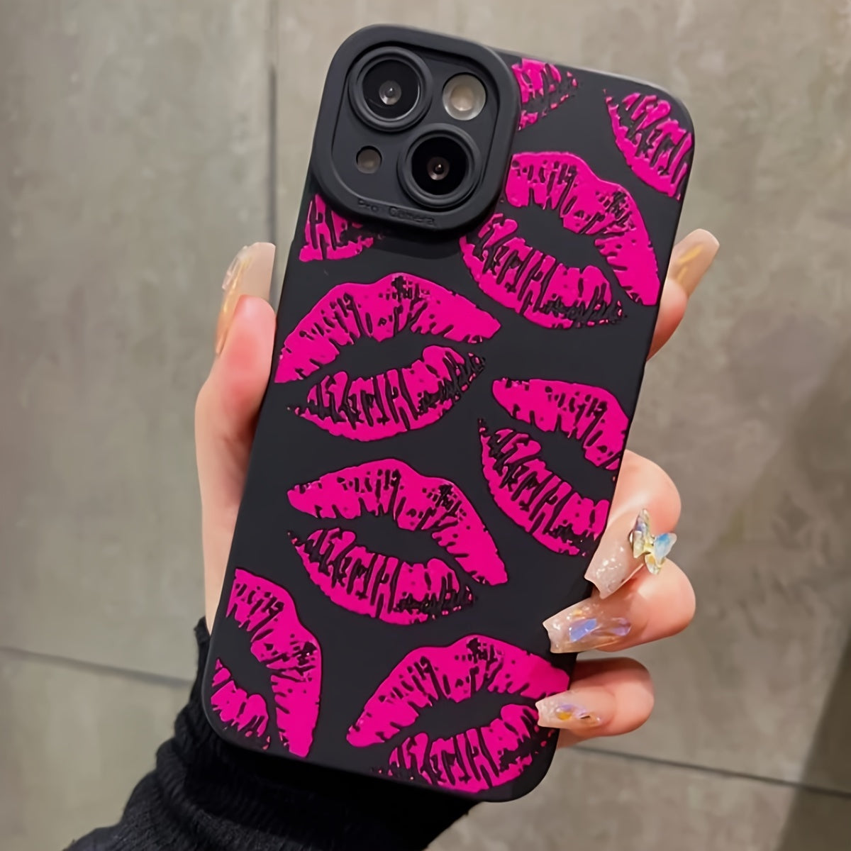 Rose Red Lip Luxury Pattern Black TPU Anti-Fall Mobile Phone Case Suitable for iPhone15 14 13 12 11promax