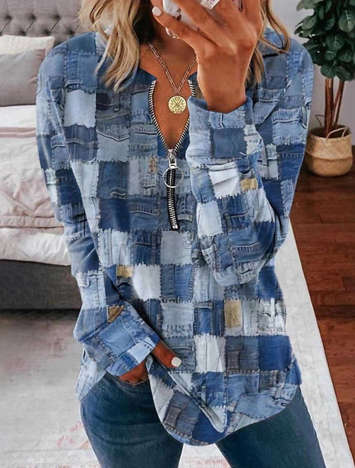 Faux Denim Printed Zipper Casual Top