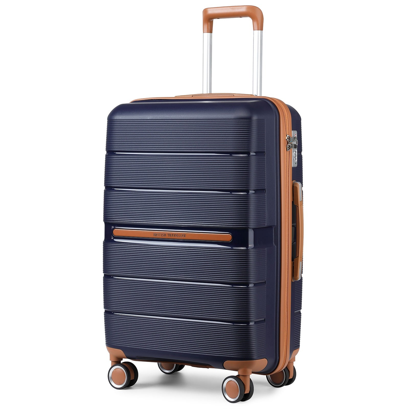 BRITISH TRAVELLER 3pcs Hard Case Suitcase Trolley Set with Multi-Texture, 100% PP Material. Hand Luggage Suitcase Equipped with 4 Smooth-rolling Spinner Wheels, Ideal for Travel. Comes with TSA Lock and Tote Bag, Perfect for