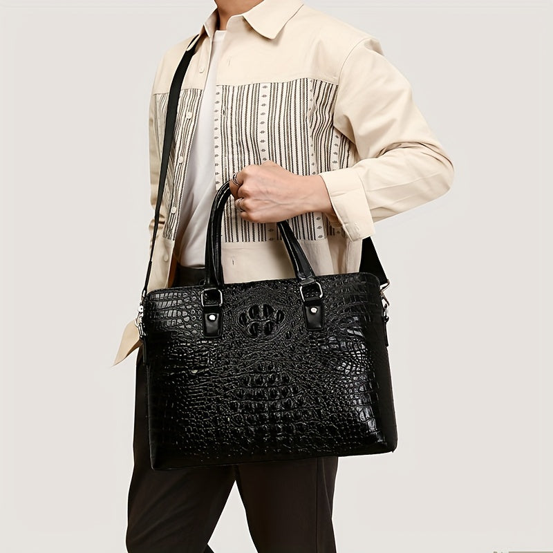 Men's Crocodile Pattern Briefcase - Stylish Business & Commuter Bag with Laptop Compartment, Adjustable Shoulder Strap, and Zipper Closure, Black, Laptop Carrying Case