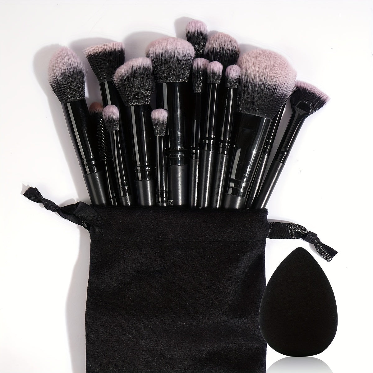 18-pack Professional Makeup Brush Set Including a Velvet Bag And a Medium-Sized Beauty Sponge. Features Soft Bristles for Foundation, Eyeshadow, Blending, Concealer, And Eyeliner Brushes. A Skin-Friendly Puff Combination, Per