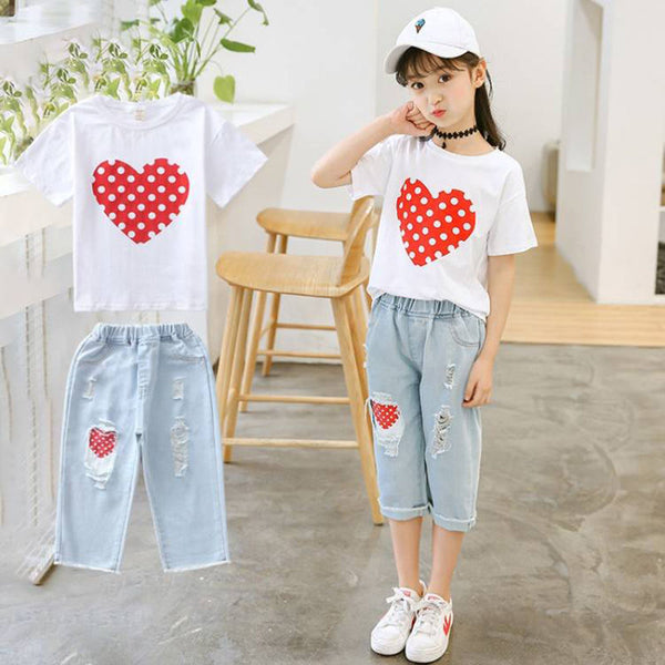 Fashion 2023 Girls Clothes Sets: Summer Short Sleeve T-Shirt + Jeans 2Pcs Children Clothing. Kids Outfits for Teenagers 6, 8, 10, 12 Years