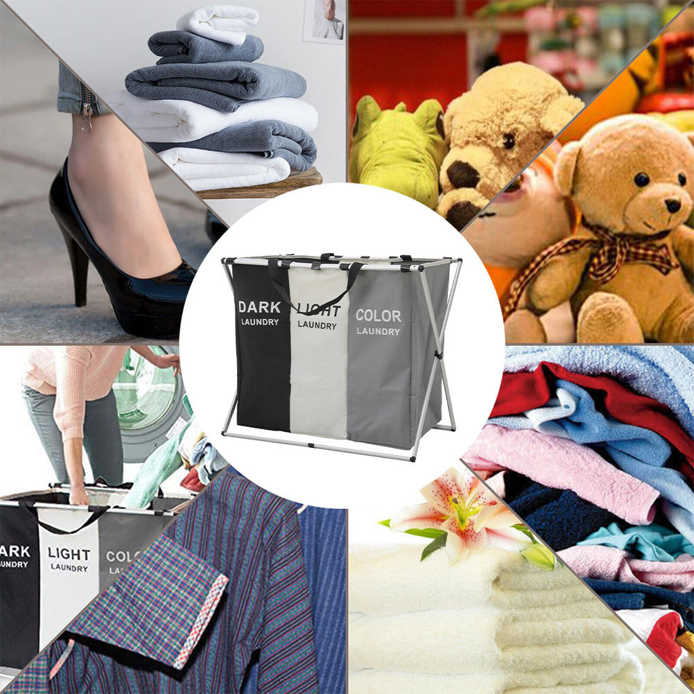 1Pack Foldable & Washable Washing Basket 3 Compartments, Stainless Steel Holder, Dirty Laundry Bag with Handle, Large Laundry Sorter Laundry Basket with Aluminum Bracket and Handle for Laundry Room, Bedroom 66*38*58cm