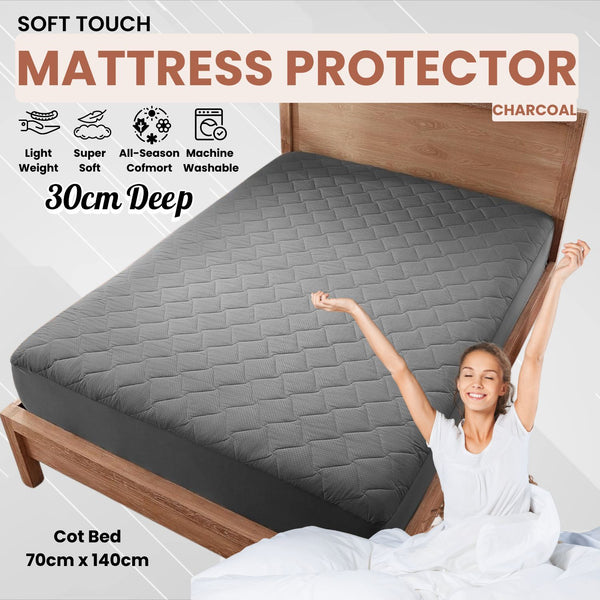 Quilted Mattress Protector Charcoal | Deep Fitted Mattress Cover with Elastic Corners | Soft Quilted Mattress Protector for Single, Double, King & Super King | Extra Deep Fitted Sheet Style Mattress Protector with Padding | B