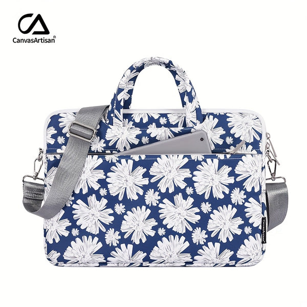 Shockproof Laptop Briefcase with Detachable Strap & Adjustable Shoulder Strap - Floral Print, Zipper Closure, Lining, Casual Style for Daily Commute & Travel