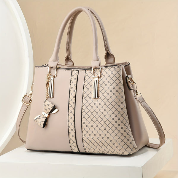 Chic Wo 's Handbag with Large Capacity - Fashionable Plaid Design, Triple-Layer Pockets, Zip Closure - Available in Khaki, Green, Black