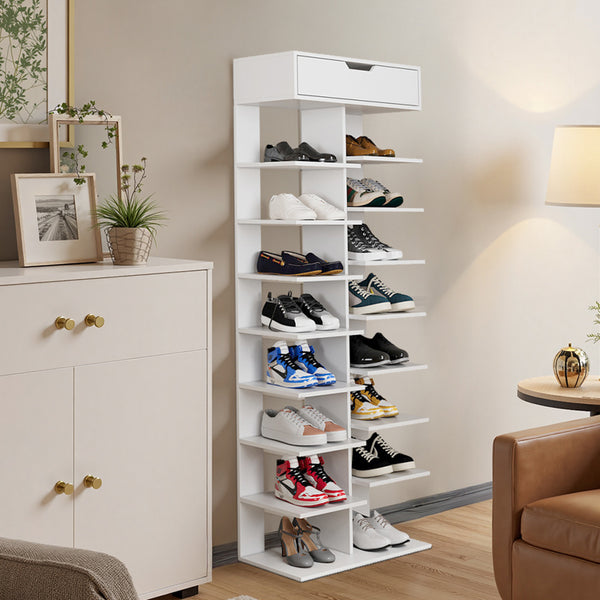 9 Tiers Wooden Shoe Rack, Vertical Slim Shoe Storage Rack Organizer Shoe Stand Shelf, Free Standing Storage Shoe Cupboard with 1 Big Drawer, Space Saving Narrow Shoes Storage Tower Shoe Holder Organizer Unit for Living Room,