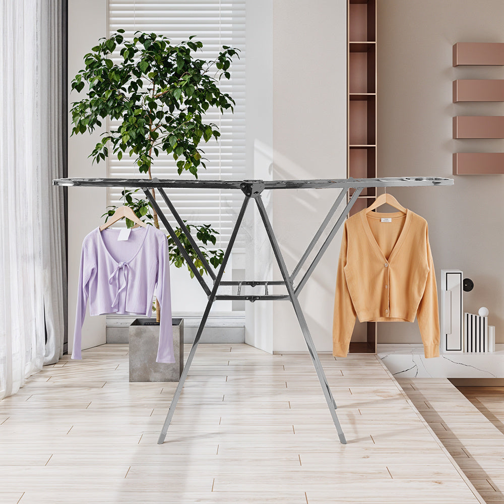 Staiinless Steel Folding Drying Rack, 2-Level Clothes Airer with Height Adjustable Wing, Freestanding Drying Rack for Clothes Socks Towels Shoes Quilts, Multifunctional Air Dryer, Foldable Wing Clothes Drying Rack, No Assembl