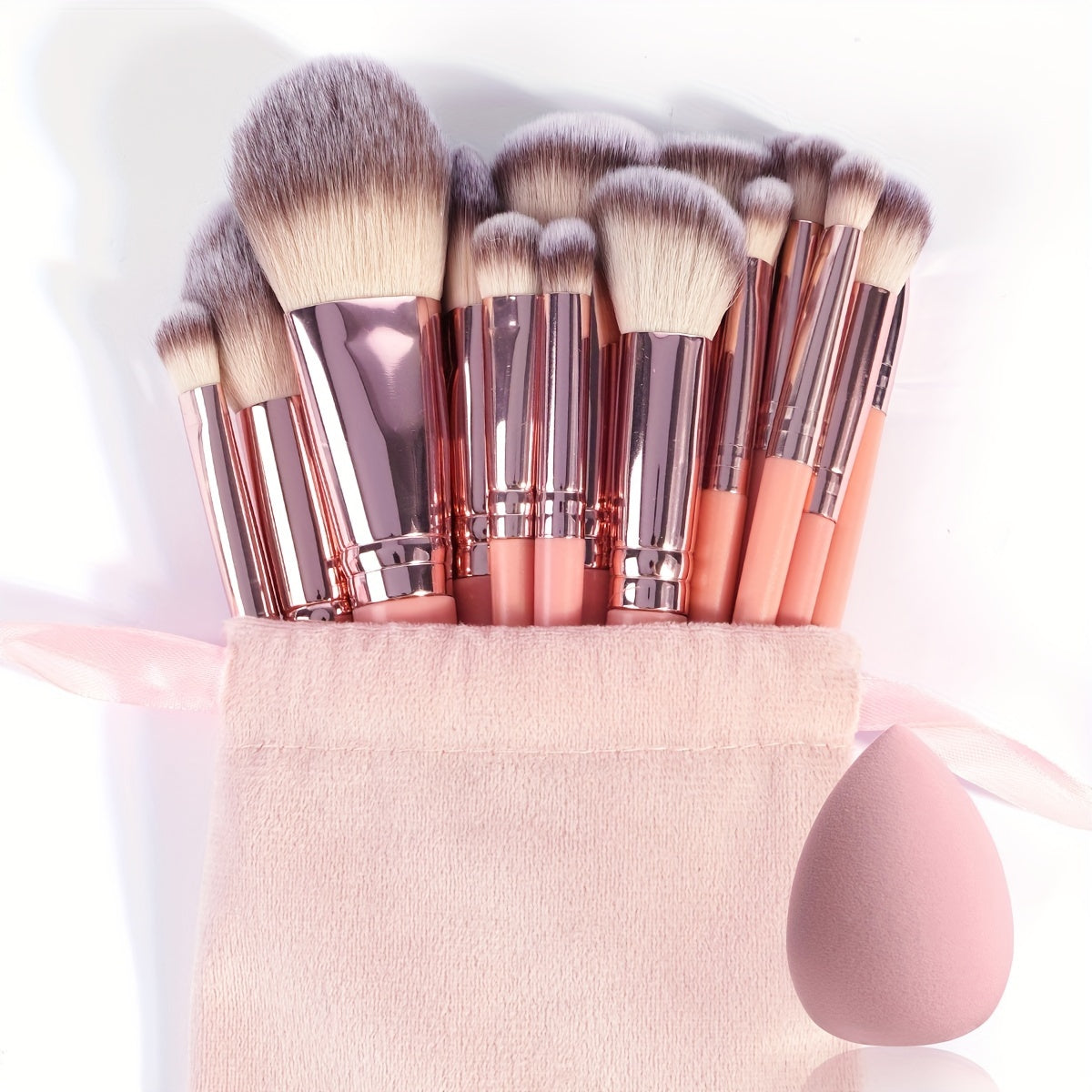 18-pack Professional Makeup Brush Set Including a Velvet Bag And a Medium-Sized Beauty Sponge. Features Soft Bristles for Foundation, Eyeshadow, Blending, Concealer, And Eyeliner Brushes. A Skin-Friendly Puff Combination, Per