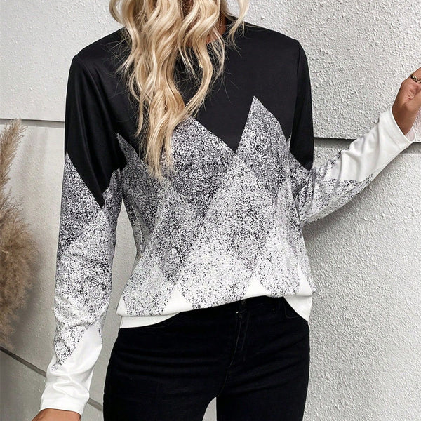 Women's Clothing Digital Positioning Printing Round Neck Long Sleeve Top Female