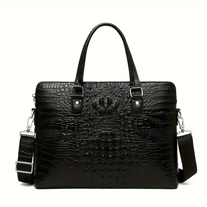 Men's Crocodile Pattern Briefcase - Stylish Business & Commuter Bag with Laptop Compartment, Adjustable Shoulder Strap, and Zipper Closure, Black, Laptop Carrying Case