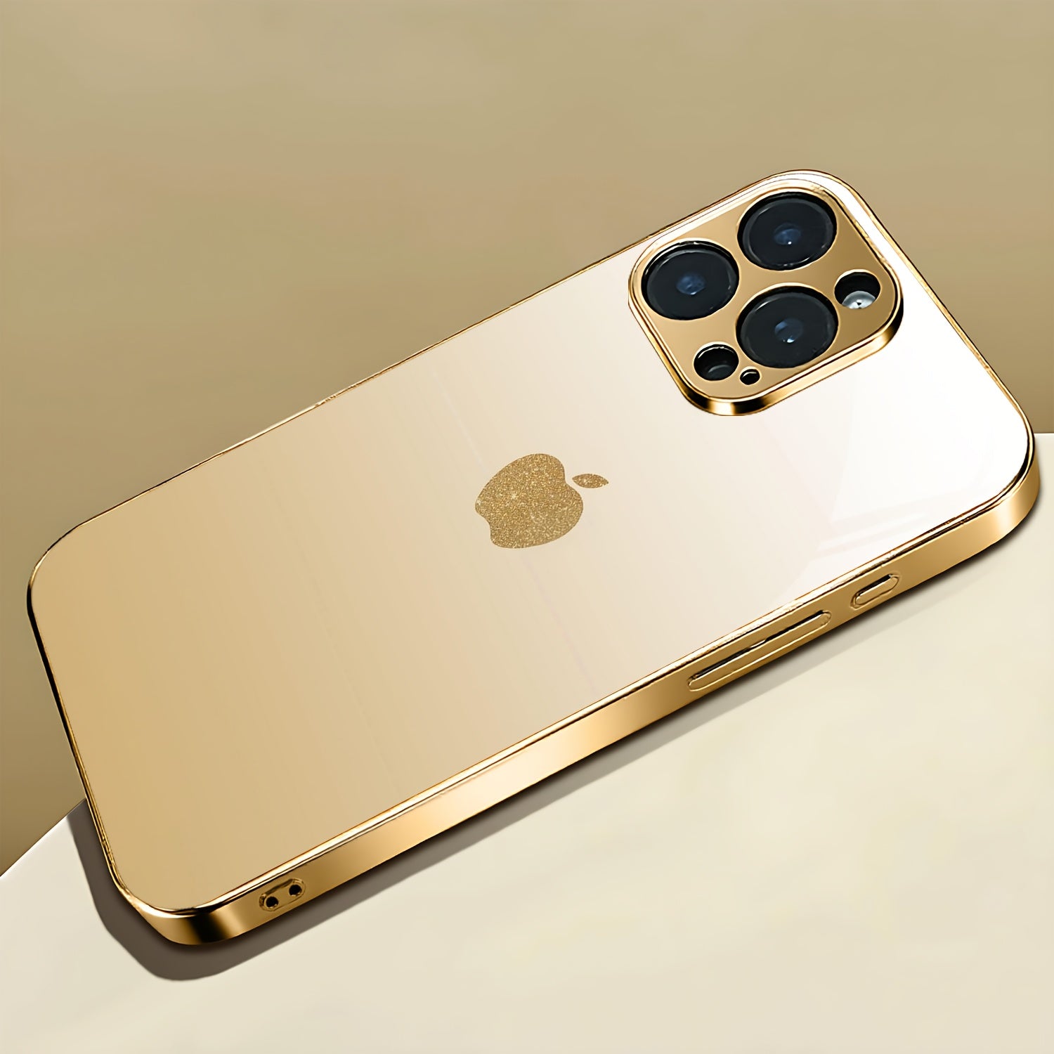 Golden Electroplated iPhone Case with Apple Design – Full-Coverage Frosted Tempered Glass Protection for iPhone 11–18 Series, Dirt-Resistant