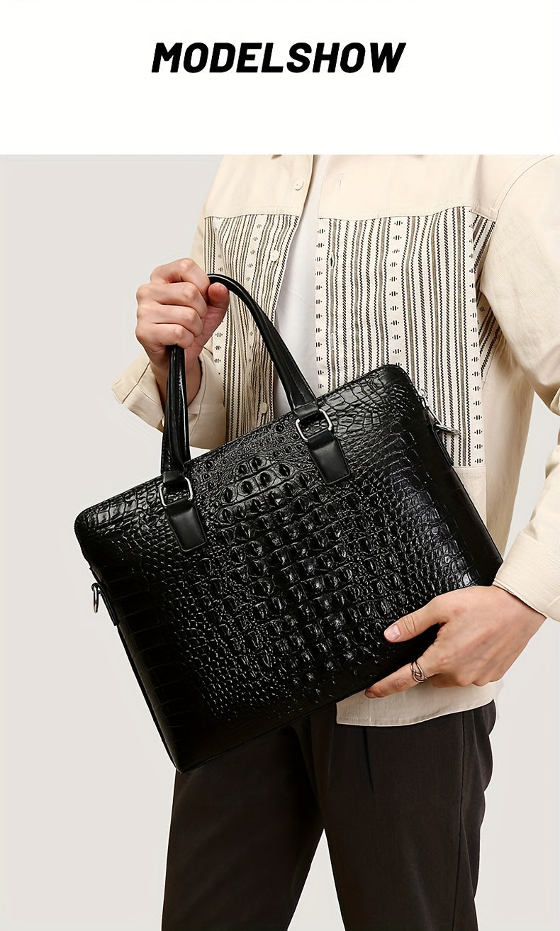 Men's Crocodile Pattern Briefcase - Stylish Business & Commuter Bag with Laptop Compartment, Adjustable Shoulder Strap, and Zipper Closure, Black, Laptop Carrying Case