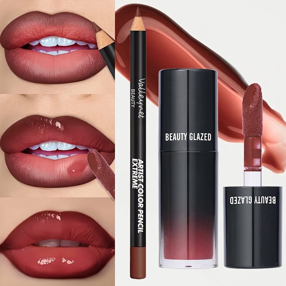 2pack/Set Lip Gloss & Lip Liner Set,Nourishing Lip Gloss Hydration Non-Sticky Lip Kit for Women, Natural Nude Tinted Lip Glow Oil Moisturizing Lightweight Long Wear Shiny Liquid Lipstick with Lip Liner Combo