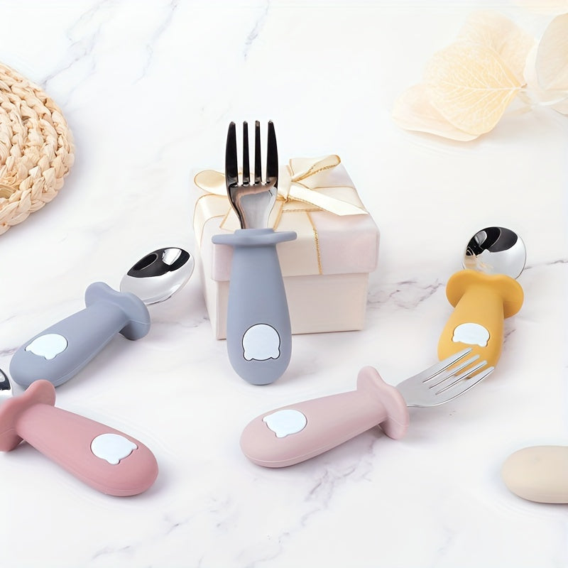 2 Set, Baby Toddler Silicone Stainless Steel Utensils Silverware, Mixed Color, Spoon Fork, for Baby Toddler, with Christmas Halloween Gifts