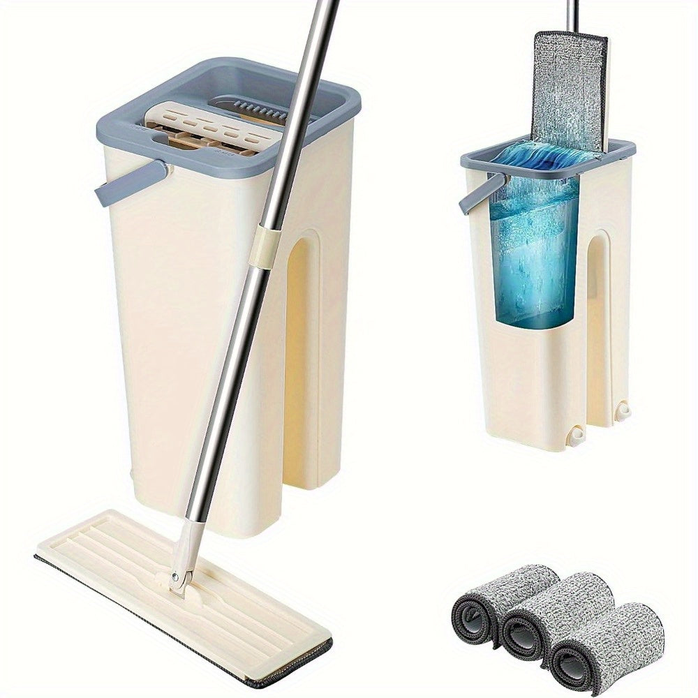 Mop Bucket Cleaning Kit, Including Mop and Bucket and Change the Mop Pad, Hand Wash Free Mop, Wet and Dry Mop, Multifunctional Bucket, Suitable for Tile, Marble, Wooden Floors, Cement Floor Cleaning, Reusable Mop Pads, Cleani