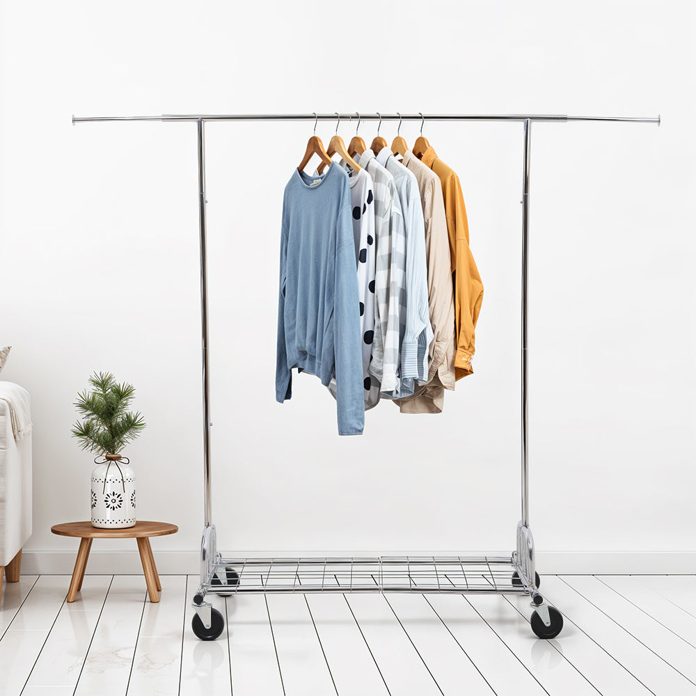 Mobile Metal Clothes Rail, Heavy Duty Clothing Rack with Extendable Rail, Single Rod Clothes Rail on Wheels, 167-180 cm Height Adjustable Clothes Rack, 130-190cm Adjustable Length Hanging Bar, Carbon Steel Construction, Durab