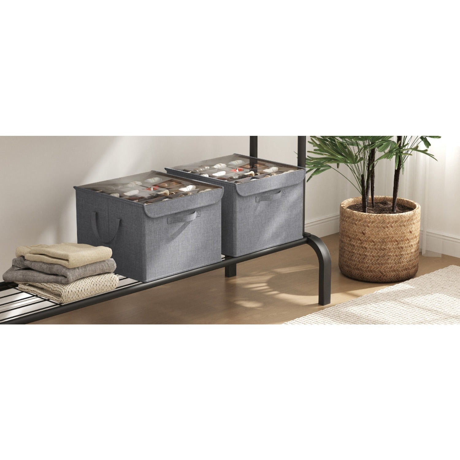 1/2 Pack Shoe Organizer for Closet Foldable Storage Bins with Adjustable Dividers, Clear Cover, and Bottom Support, Fits 16 Pairs of Boots, Heels, and Sneakers