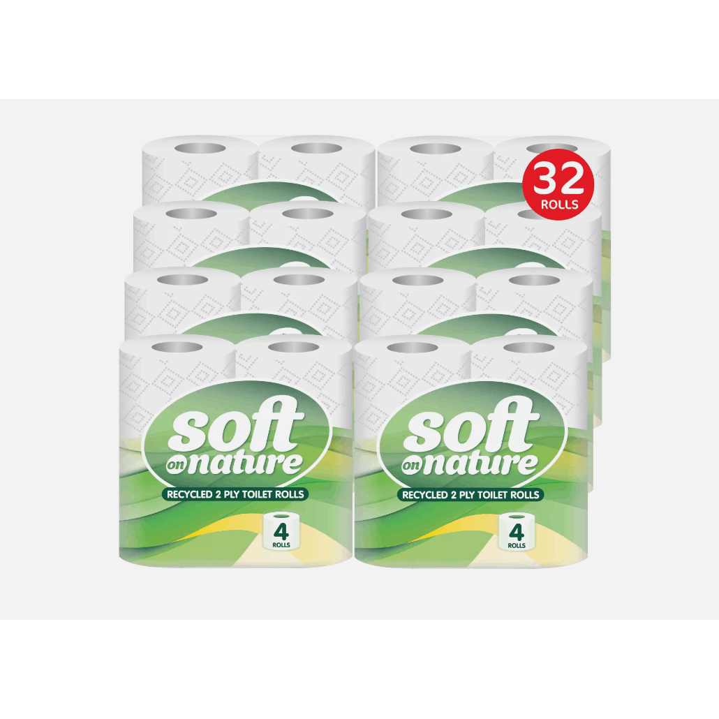 Soft 4 Pack Toilet Tissue 2-PLY 32 Rolls, From Recovered Materials 8 packs x 4 rolls