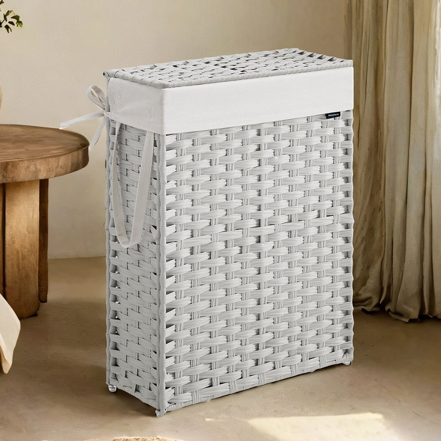 Foldable Laundry Hamper with Lid, Synthetic Rattan Laundry Basket with Removable Liner