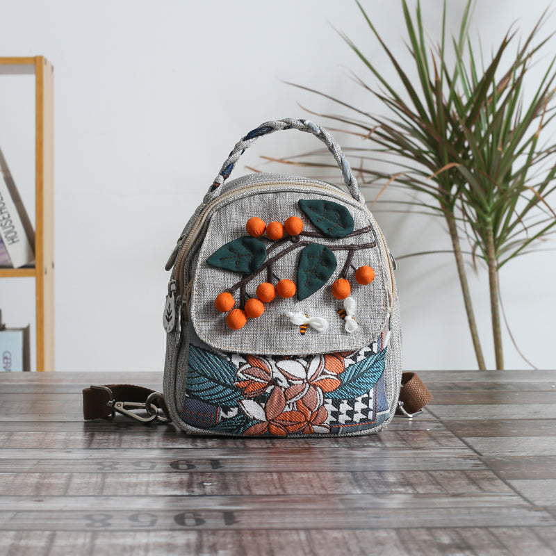 Canvas Lightweight Casual Backpack With Three-dimensional Hand Woven Persimmon Ruyi Lightweight Backpack