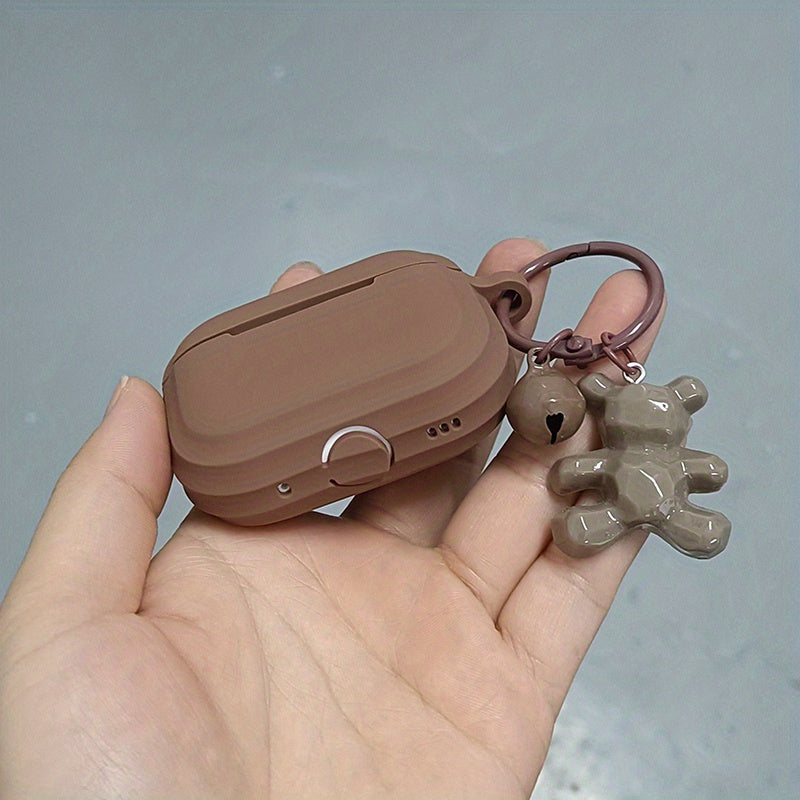 Caramel Khaki Earphone Case with Bear Pendant – Stylish Cover for AirPods 1/2/3 & Pro