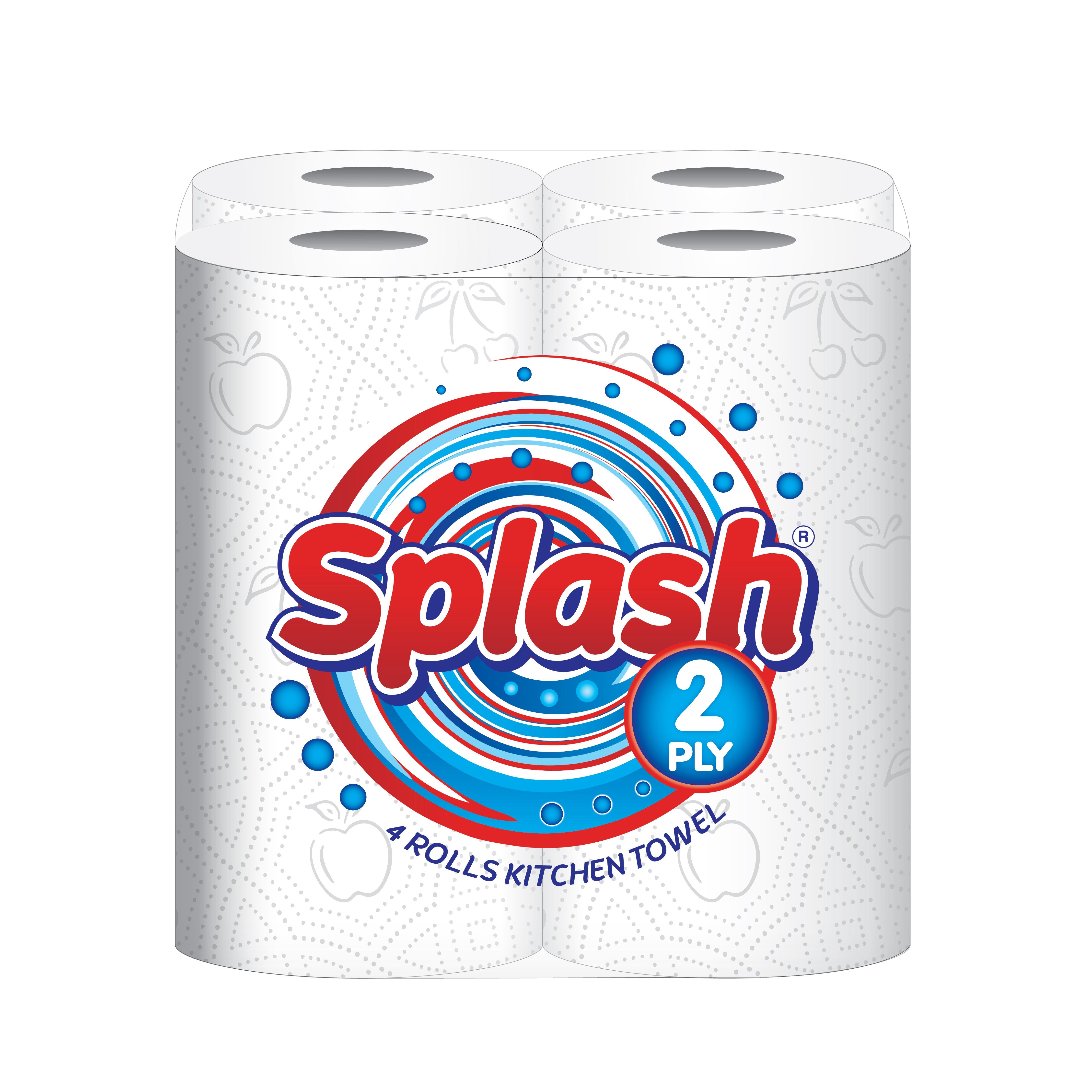 Kitchen Towels. Splash 2-ply Quilted Paper Rolls. Responsibly Sourced. Strong. 10m per Roll