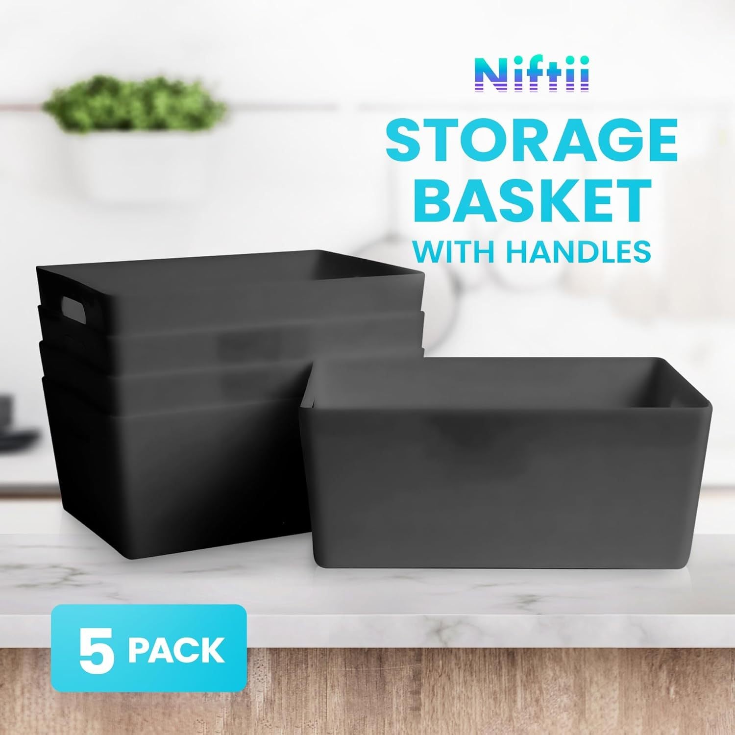 Niftii 5-Pack Plastic Storage Baskets with Sturdy Handles, Lightweight & Durable Design, Ideal for Kitchen, Bathroom, and Cleaning Organisation, 3.9L Capacity, 17 x 25 x 11cm