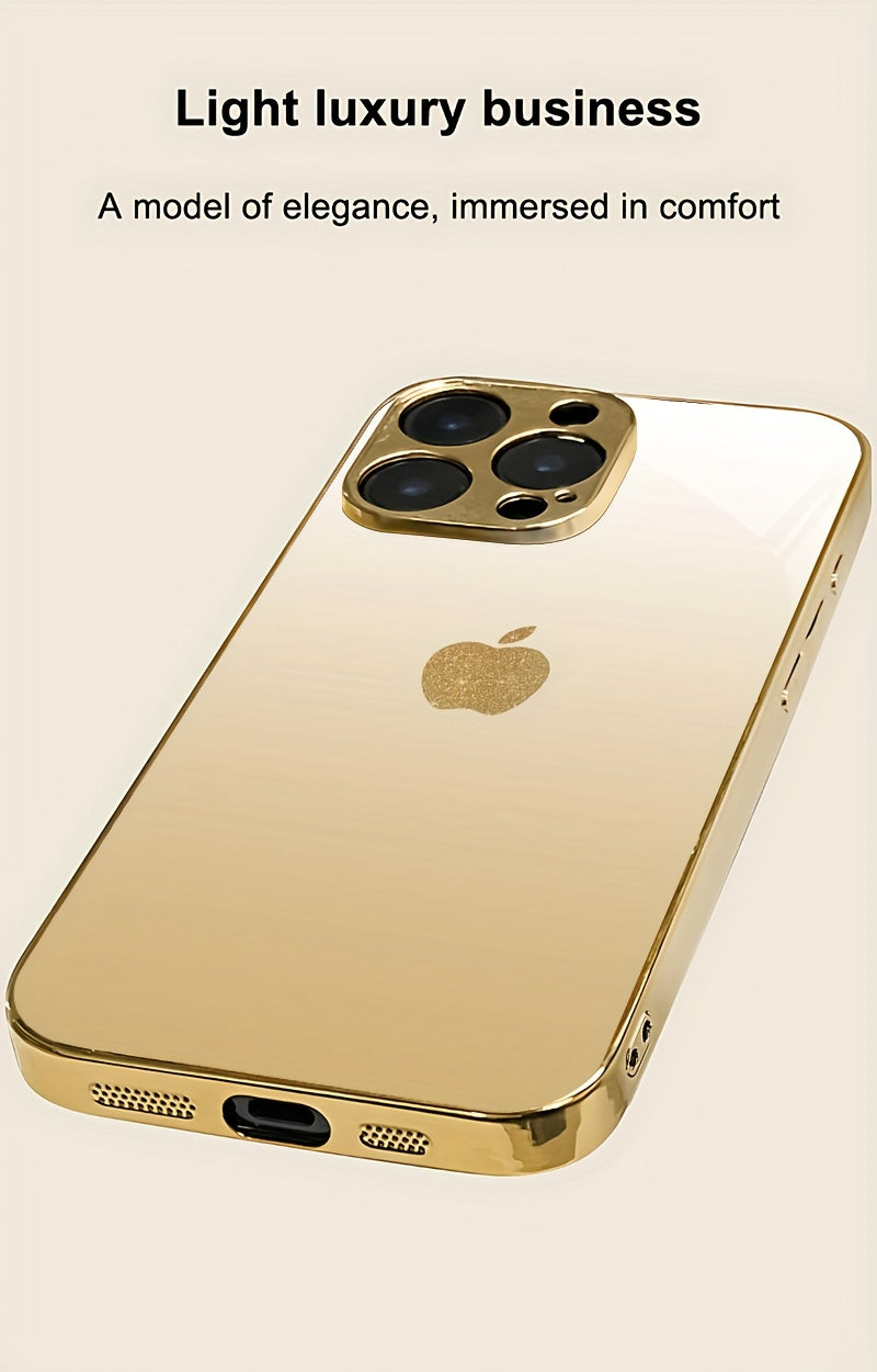 Golden Electroplated iPhone Case with Apple Design – Full-Coverage Frosted Tempered Glass Protection for iPhone 11–18 Series, Dirt-Resistant