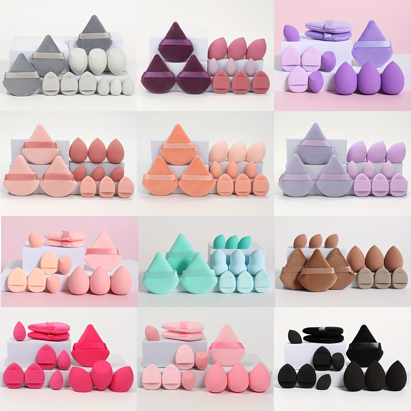 All-in-one 12pack/8pack makeup sponge set, consisting of 3 loose powder puffs, 3 mini air cushion puffs, 3 makeup sponges and 3 mini makeup sponges /or makeup puff& brush 8pcs set. Does not contain latex, does not easily eat