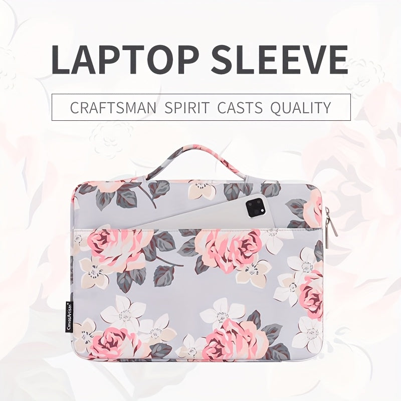 Canvas Artisan Floral Laptop Sleeve Case - Shockproof, Hand-Held Briefcase with Zipper Closure for MacBook, Acer, and More - Stylish Gray with Pink & Black Floral Design, Lightweight & Durable for Daily Commute, Vacation, or
