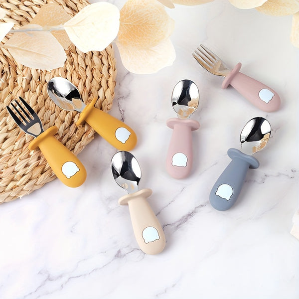 2 Set, Baby Toddler Silicone Stainless Steel Utensils Silverware, Mixed Color, Spoon Fork, for Baby Toddler, with Christmas Halloween Gifts